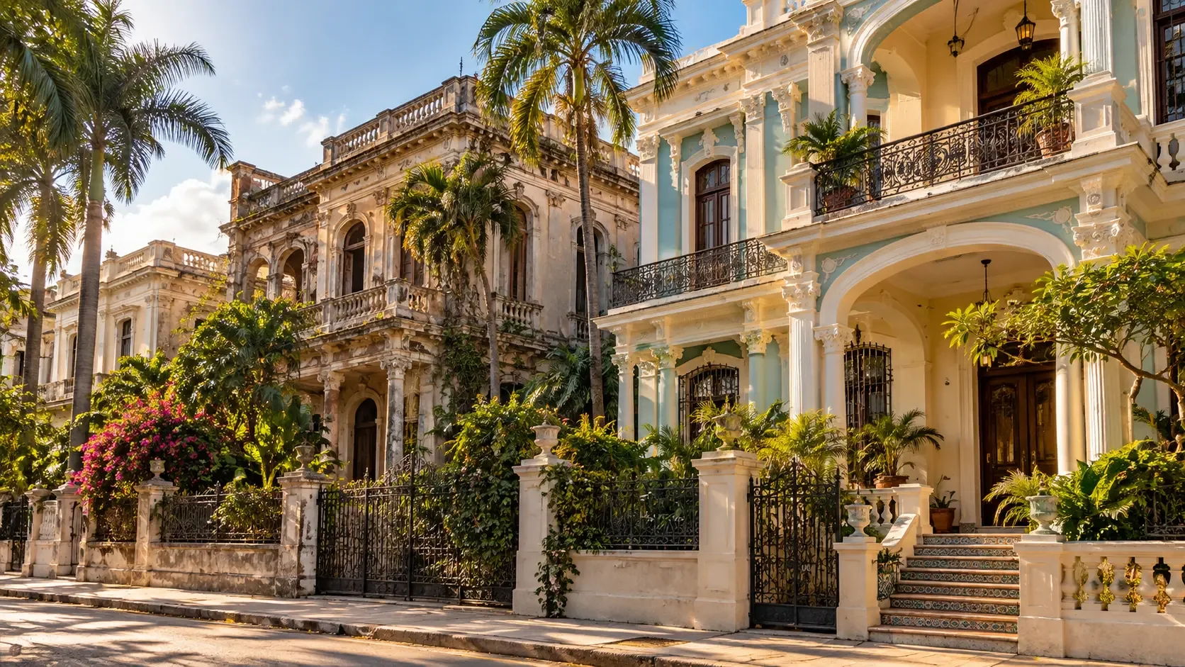 Illustrative street of Cuban colonial houses: a restored façade beside a building awaiting renovation